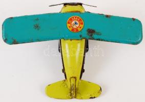 Régi lemezgyári pléh mechanikus bukfencező repülőgép, felhúzóval, 13x10 cm