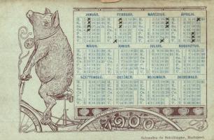 1900 New Year calendar, cycling pig (b)