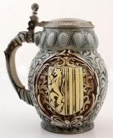 Marburgi kerámia kupa városi látképpel és címerrel, fém fedéllel, hibátlan, jelzett, m: 18 cm