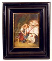 Olvashatatlan jelzéssel: Alvó kislány babával. Olaj, farost, jelzett, fa keretben, 20x26 cm