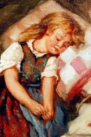 Olvashatatlan jelzéssel: Alvó kislány babával. Olaj, farost, jelzett, fa keretben, 20x26 cm