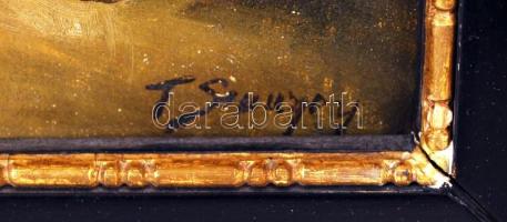 Olvashatatlan jelzéssel: Alvó kislány babával. Olaj, farost, jelzett, fa keretben, 20x26 cm