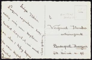 1933 Bíró Sándor (1911-1988) VB-ezüstérmes válogatott labdarúgó üdvözlő sorai és aláírása későbbi feleségéhez írt levelezőlapon.