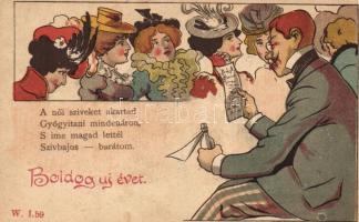 'A női szíveket akartad Gyógyítani mindenáron...' W. I. 59. / New Year, Art Nouveau litho