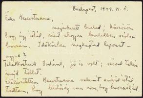 1949 Bartók Béláné Pásztory Edith "Ditta" (1903-1982) üdvözlő sorai és aláírása keresztanyjának írt levelezőlapon.