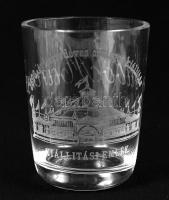 "1896. évi ezredéves országos kiállítás kiállítási emlék" feliratú gravírozott üvegpohár, apró hibával, m: 9 cm, d: 7 cm