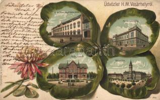 Hódmezővásárhely, Állami polgári leány iskola, Járásbíróság, Városháza, Nyári színkör, lóhere, kiadja Reisz Bazár Emb. litho (EK)