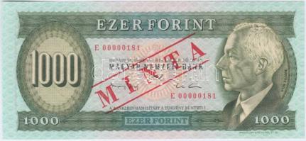 1993. 1000Ft "MINTA" perforációval és felülnyomással "E 00000181" sorozatszámmal...