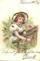 Girl with roses, decorated postcard, litho (small tear)