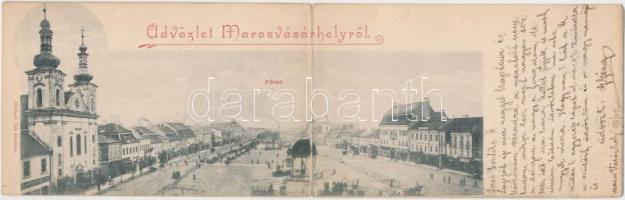 Marosvásárhely, Fő tér, kiadja Holbach Ede / square, panoramacard (hajtásnál szakadt /  bent til broken)