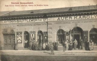 Beregszász, Auer Károly fűszer, csemege, vászon és divatáru üzlete, Clayton és Shuttleworth Ltd. mezőgazdasági gépraktára / shop, machine storehouse (fl)