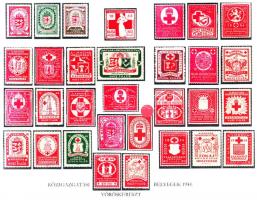 1944 Közigazgatási Vöröskereszt bélyegek táblázata: A4-es színes fénymásolat, hátoldalán táblázatban szedett információkkal (tervező, méret, nyomdatechnika stb.)
