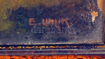 E. Uhlik jelzéssel: Alpesi táj. Olaj, farost, jelzett, fa keretben, sérült, 38x24 cm