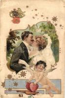 Romantic couple, Cupid, Emb. litho (EK)