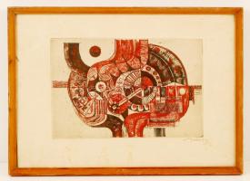 Hincz Gyula: Piros-fekete kompozíció. Rézkarc, papír, jelzett, üvegezett keretben, 28x19 cm