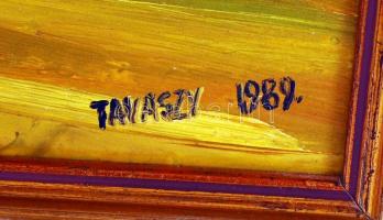 Tavaszy Noémi: Tanyavilág. Olaj, farost, jelzett, fa keretben, 49x16 cm