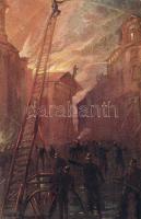 Firefighters, 'Műszaki és Gépipari Rt.' advertisement on the backside, artist signed (EB)