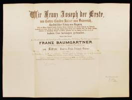 1906 Bécs, a Ferenc József-rend lovagi címét adományozó diploma, az uralkodó aláírásával és a rend kancellárjának ellenjegyzésével, rányomott szárazpecséttel.