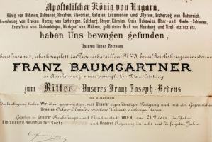 1906 Bécs, a Ferenc József-rend lovagi címét adományozó diploma, az uralkodó aláírásával és a rend k...