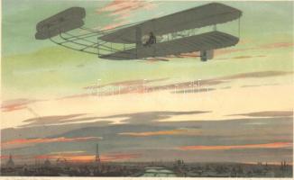 De Lambert über Paris; Meissner & Buch, Aeroplane Serie 1715. / De Lamberts aeroplane over Paris, litho