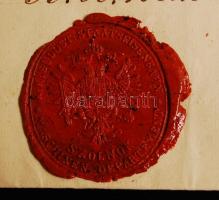 1853 Szolnok, Német nyelvű erkölcsi bizonyítvány szép állapotú viaszpecséttel /
1853 Szolnok, Certif...