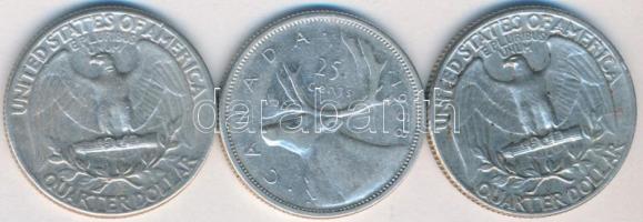 Kanada 1958. 25c Ag + Amerikai Egyesült Államok 1964. 1/4$ Ag "Washington" (2x) T:2,2- Canada 1958. 25 Cent Ag + USA 1964. 1/4 Dollar Ag "Washington" (2x) C:XF,VF