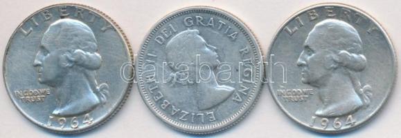 Kanada 1958. 25c Ag + Amerikai Egyesült Államok 1964. 1/4$ Ag "Washington" (2x) T:2,2-
Can...