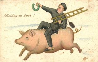 New Year, chimney sweeper, pig, litho (EK)