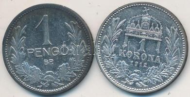 1912. 1K Ag "Ferenc József" + 1927. 1P Ag T:2,2- Adamo K5.1,P6