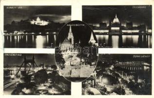 Budapest, Királyi vár, Halászbástya, Erzsébet híd, Országház este (fa)