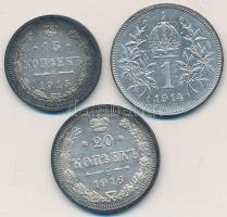 Vegyes: Ausztria 1914. 1K Ag "Ferenc József" + Oroszország 1915. 15k Ag + 1916. 20k Ag T:vegyes Mixed: Austria 1914. 1 Corona Ag "Franz Joseph" + Russia 1915. 15 Kopeks Ag + 1916. 20 Kopeks Ag C:mixed Krause KM#2820, Y#21a.3,22a.2