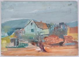 Ruttka Ferenc (1926): Tanya kályhával. Tempera, fa. Jelzett. 25x35 cm