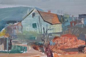 Ruttka Ferenc (1926): Tanya kályhával. Tempera, fa. Jelzett. 25x35 cm