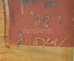 Ruttka Ferenc (1926): Tanya kályhával. Tempera, fa. Jelzett. 25x35 cm