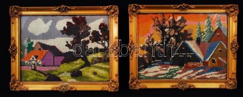2 db gobelin kép régi üvegezett keretben, 23×31 cm