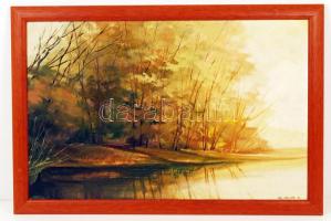 Keleti Jenő, ifj. (1943-1999): Makádi vízpart. Olaj, farost, jelzett, keretben 40×60 cm