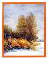 Keleti Jenő, ifj. (1943-1999): Vízpart télen. Olaj, farost, jelzett, keretben 40×50 cm