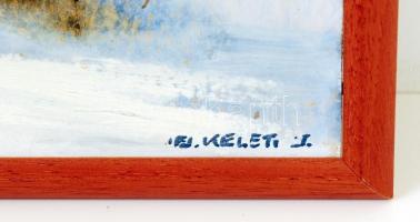 Keleti Jenő, ifj. (1943-1999): Vízpart télen. Olaj, farost, jelzett, keretben 40×50 cm