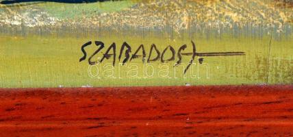 Szabados János (1937-): Kopár vidék. Olaj, farost jelzett, sérült keretben, 50×70 cm