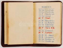 1938 Bőrkötéses, lóherés mini tárca naptár, belül, kissé elvált kötéssel