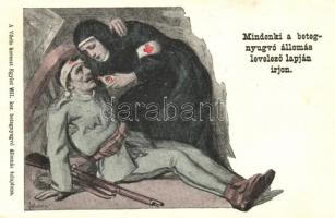 Mindenki a betegnyugvó állomás levelezőlapjára írjon; a Vörös Kereszt Egylet VIII. kerületi betegnyugvó állomásának tulajdona / Hungarian Red Cross propaganda s: Földes