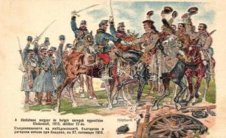 1915 Kladovó, a diadalmas magyar és bolgár seregek egyesülése / Hungarian and Bulgarian soldiers, Bulgarian Red Cross charity card, litho s: Mühlbeck K.