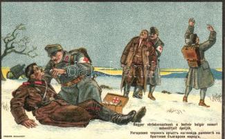Magyar vöröskeresztesek a testvér bolgár nemzet sebesültjeit ápolják. Posner, Budapest / Hungarian Red Cross giving first aid to Bulgarian soldiers