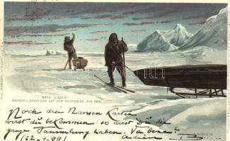 1899 Nach Süden! Nansen und Johansen auf dem Heimwege; Meissner & Buch, Aus Nansen in Nacht und Eis / Nansen and Johansen's expedition to the North Pole, litho s: A. Goldfield