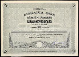 Pécs 1941. "Dunántúli Bank Részvénytársaság" részvénye 100P-ről szelvényekkel T:I-