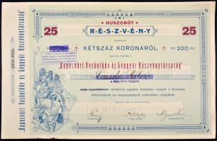 Kaposvár 1923. "Kaposvári Vasöntöde és Gépgyár Részvénytársaság" 25 részvénye egyenként 200K-ról szelvényekkel, bélyegzéssel T:III