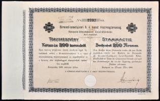 Budapest 1899. "Körmend-németújvári helyi érdekeltségű vasút részvénytársaság" törzsrészvénye 200K értékben szelvényekkel, bélyegzéssel T:I-