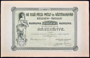Pécs 1914. "Az Első Pécsi Mész- és Gőztéglagyár Részvény-Társulat" részvénye 1000K-ról szelvényekkel T:I-