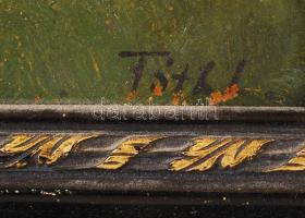 Tóth jelzéssel: Falusi utcakép. Olaj, karton, kopott, antik keretben, 26×34 cm