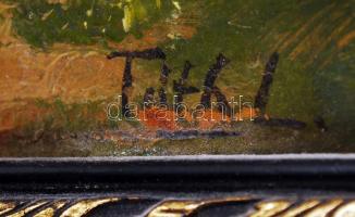 Tóth jelzéssel: Falusi utcakép patakkal. Olaj, karton, kopott, antik keretben, 26×34 cm